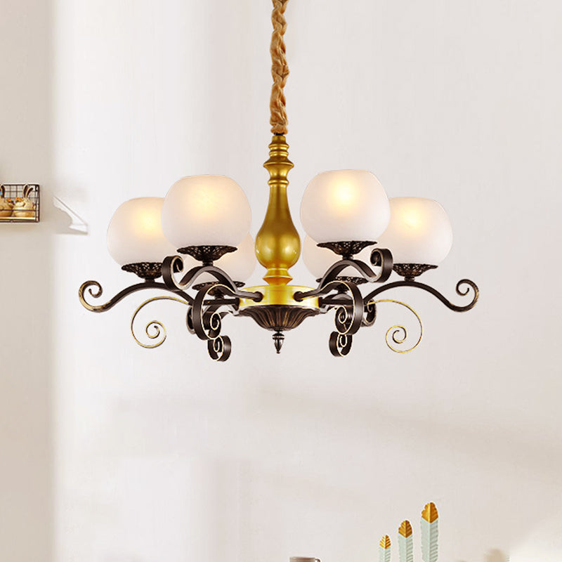 6 Lights Hanging Lighting Antique Scrolled Arm White Glass Chandelier Lamp Fixture in Black and Gold Clearhalo 'Ceiling Lights' 'Chandeliers' Lighting' options 817200