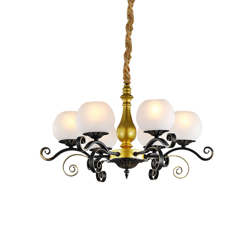 6 Lights Hanging Lighting Antique Scrolled Arm White Glass Chandelier Lamp Fixture in Black and Gold Clearhalo 'Ceiling Lights' 'Chandeliers' Lighting' options 817201