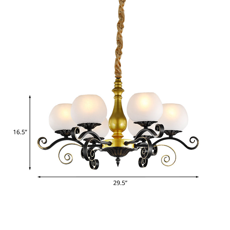 6 Lights Hanging Lighting Antique Scrolled Arm White Glass Chandelier Lamp Fixture in Black and Gold Clearhalo 'Ceiling Lights' 'Chandeliers' Lighting' options 817202