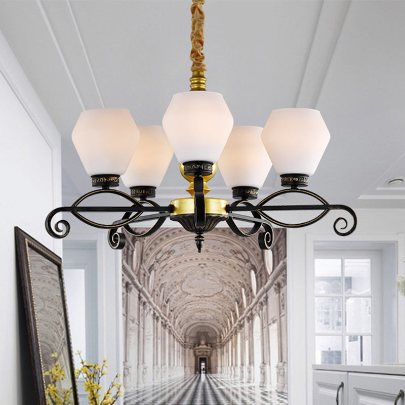 5-Head Opal Glass Chandelier Light Antique Black Hexagon Living Room Hanging Lamp Clearhalo 'Ceiling Lights' 'Chandeliers' Lighting' options 817203