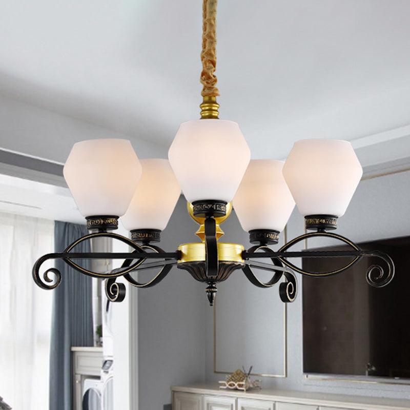 5-Head Opal Glass Chandelier Light Antique Black Hexagon Living Room Hanging Lamp Clearhalo 'Ceiling Lights' 'Chandeliers' Lighting' options 817204