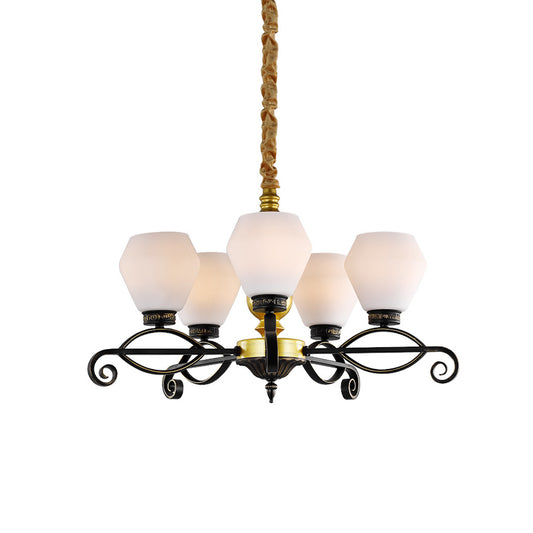 5-Head Opal Glass Chandelier Light Antique Black Hexagon Living Room Hanging Lamp Clearhalo 'Ceiling Lights' 'Chandeliers' Lighting' options 817205