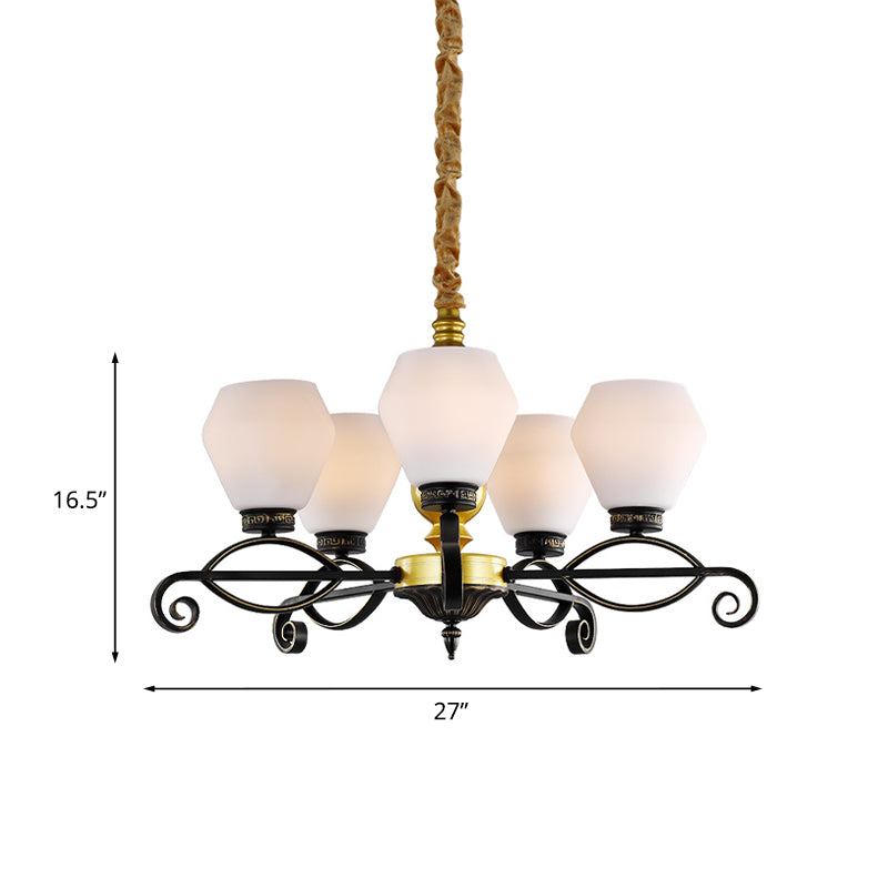 5-Head Opal Glass Chandelier Light Antique Black Hexagon Living Room Hanging Lamp Clearhalo 'Ceiling Lights' 'Chandeliers' Lighting' options 817206