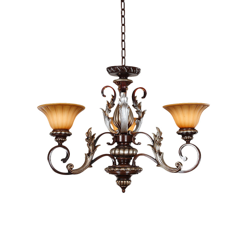 Traditionalist Bell Pendant Light 3 Lights Amber Glass Chandelier Lamp in Bronze with Carved Design Clearhalo 'Ceiling Lights' 'Chandeliers' Lighting' options 817208