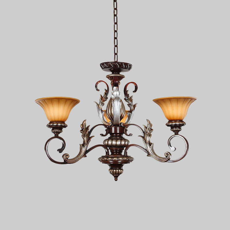 Traditionalist Bell Pendant Light 3 Lights Amber Glass Chandelier Lamp in Bronze with Carved Design Clearhalo 'Ceiling Lights' 'Chandeliers' Lighting' options 817209