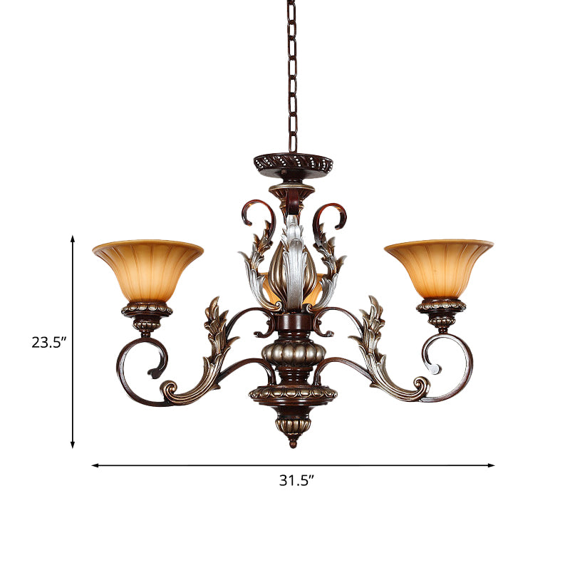 Traditionalist Bell Pendant Light 3 Lights Amber Glass Chandelier Lamp in Bronze with Carved Design Clearhalo 'Ceiling Lights' 'Chandeliers' Lighting' options 817210