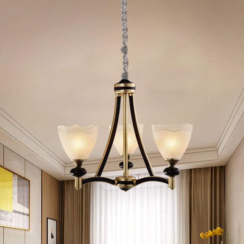 Bud Prismatic Glass Chandelier Traditionalism 3/5 Heads Bedroom Suspension Pendant in Black and Gold Clearhalo 'Ceiling Lights' 'Chandeliers' Lighting' options 817211