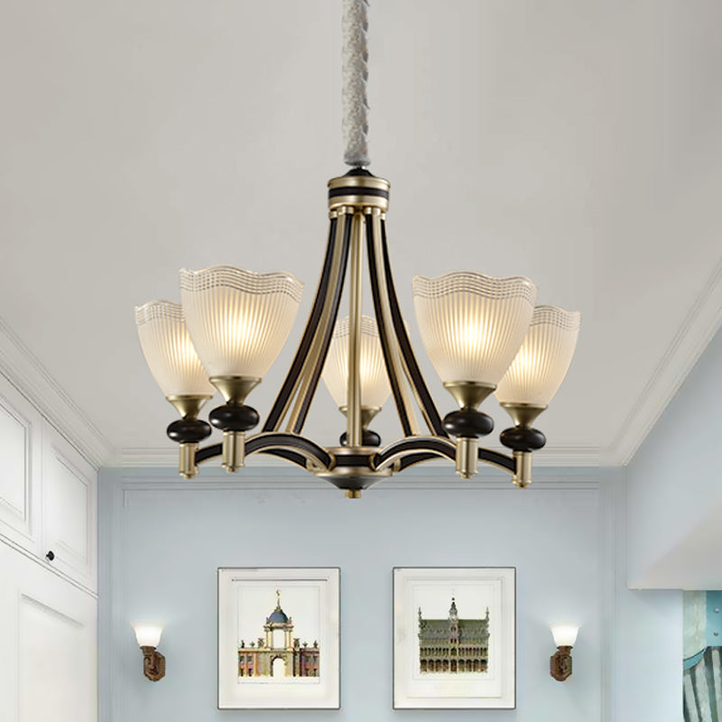 Bud Prismatic Glass Chandelier Traditionalism 3/5 Heads Bedroom Suspension Pendant in Black and Gold Clearhalo 'Ceiling Lights' 'Chandeliers' Lighting' options 817217