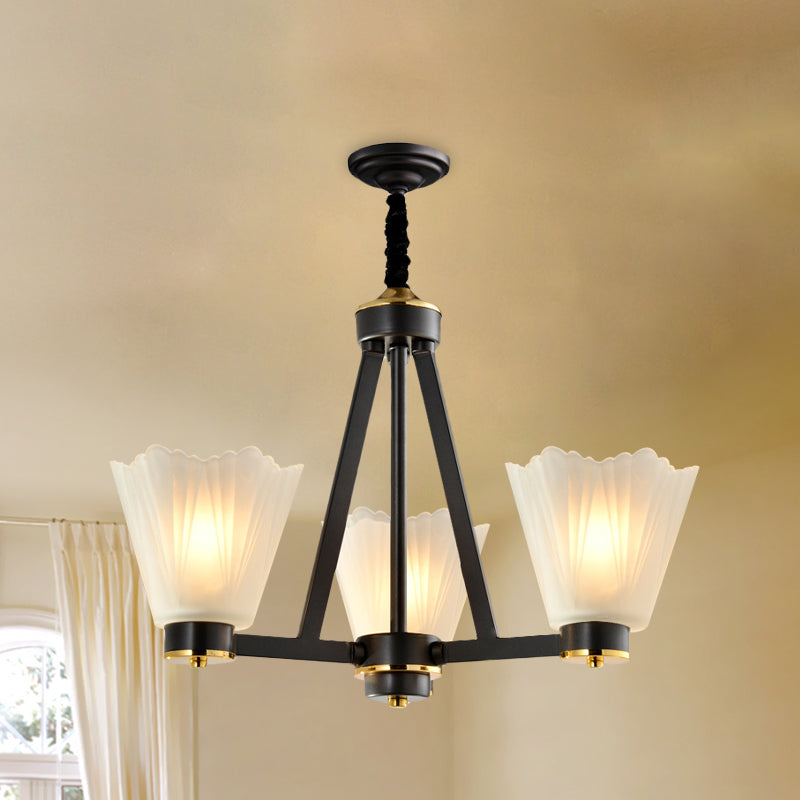 3-Bulb Tapered Chandelier Light Vintage Black Frosted Glass Suspended Lighting Fixture Clearhalo 'Ceiling Lights' 'Chandeliers' Lighting' options 817220