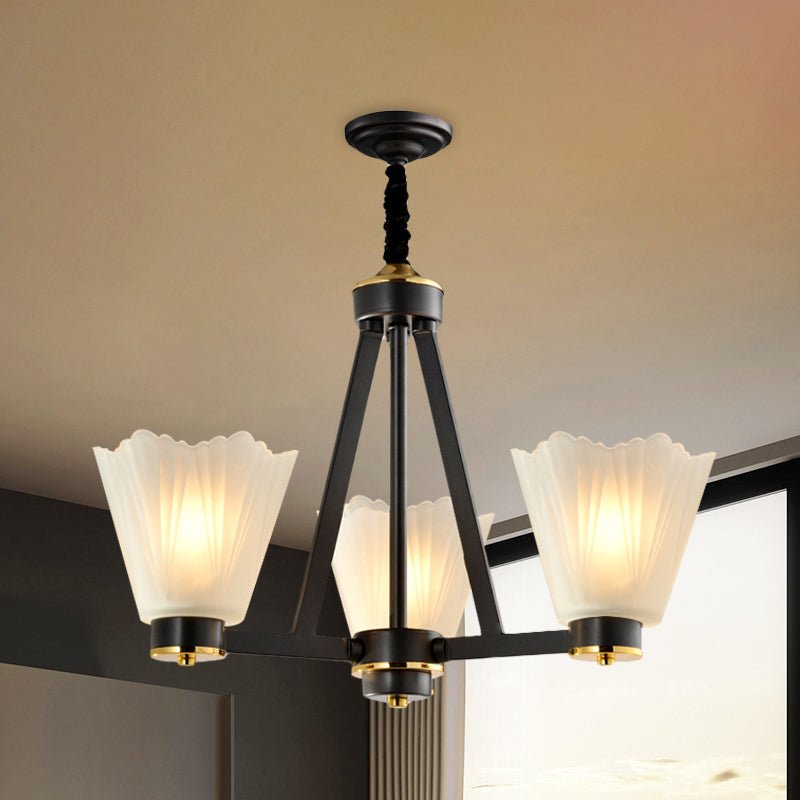 3-Bulb Tapered Chandelier Light Vintage Black Frosted Glass Suspended Lighting Fixture Clearhalo 'Ceiling Lights' 'Chandeliers' Lighting' options 817221