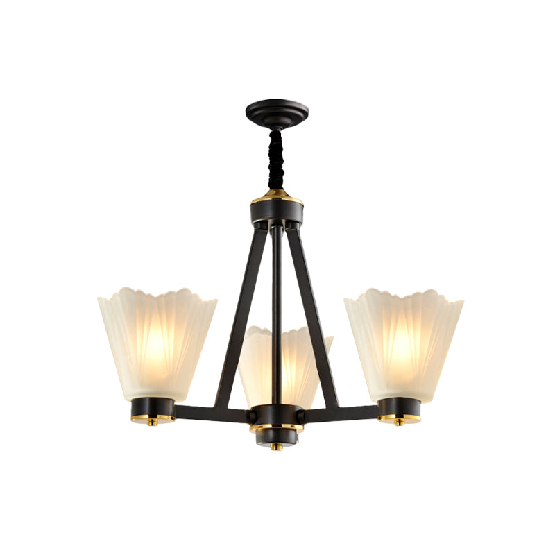 3-Bulb Tapered Chandelier Light Vintage Black Frosted Glass Suspended Lighting Fixture Clearhalo 'Ceiling Lights' 'Chandeliers' Lighting' options 817222