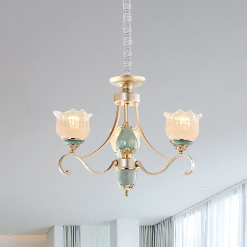 Traditional Floral Ceiling Chandelier 3/5/6 Lights Frosted Glass Pendant Lighting Fixture in Gold Clearhalo 'Ceiling Lights' 'Chandeliers' Lighting' options 817224