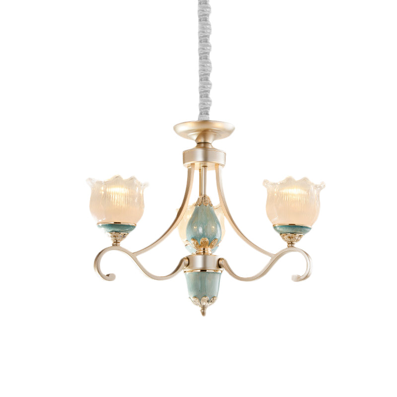 Traditional Floral Ceiling Chandelier 3/5/6 Lights Frosted Glass Pendant Lighting Fixture in Gold Clearhalo 'Ceiling Lights' 'Chandeliers' Lighting' options 817225