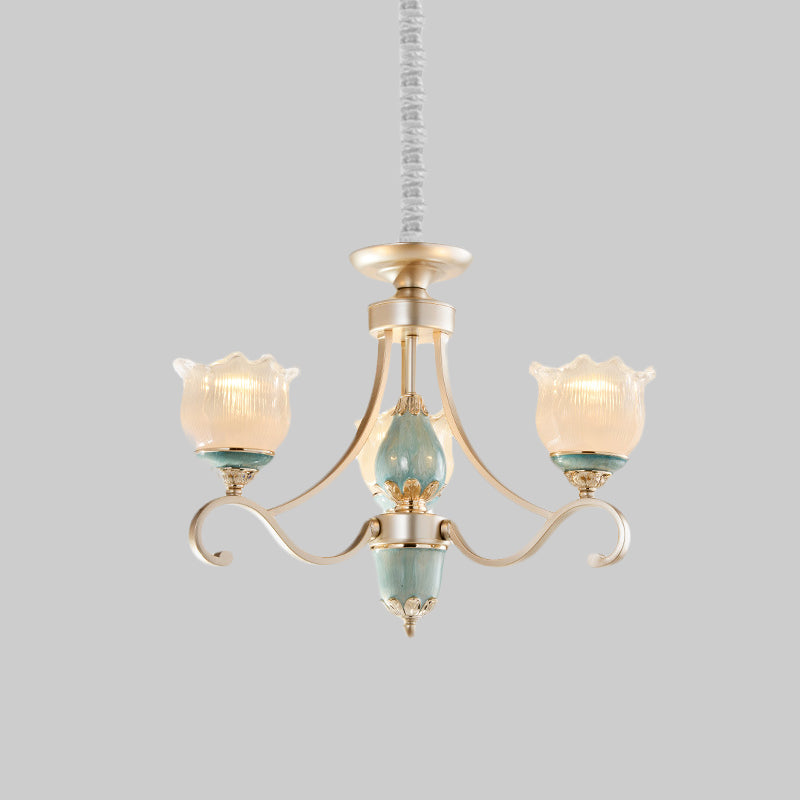 Traditional Floral Ceiling Chandelier 3/5/6 Lights Frosted Glass Pendant Lighting Fixture in Gold Clearhalo 'Ceiling Lights' 'Chandeliers' Lighting' options 817226