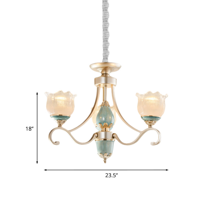 Traditional Floral Ceiling Chandelier 3/5/6 Lights Frosted Glass Pendant Lighting Fixture in Gold Clearhalo 'Ceiling Lights' 'Chandeliers' Lighting' options 817227