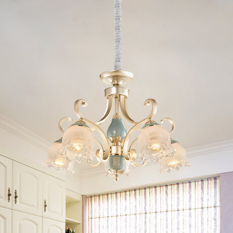 Traditional Floral Ceiling Chandelier 3/5/6 Lights Frosted Glass Pendant Lighting Fixture in Gold Clearhalo 'Ceiling Lights' 'Chandeliers' Lighting' options 817228