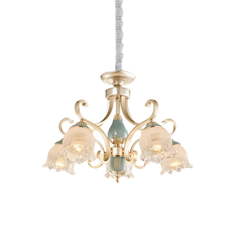 Traditional Floral Ceiling Chandelier 3/5/6 Lights Frosted Glass Pendant Lighting Fixture in Gold Clearhalo 'Ceiling Lights' 'Chandeliers' Lighting' options 817230