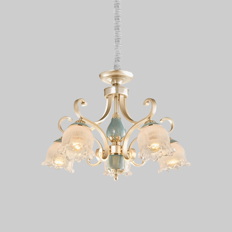 Traditional Floral Ceiling Chandelier 3/5/6 Lights Frosted Glass Pendant Lighting Fixture in Gold Clearhalo 'Ceiling Lights' 'Chandeliers' Lighting' options 817231