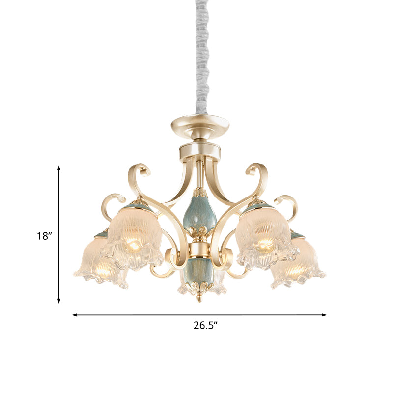 Traditional Floral Ceiling Chandelier 3/5/6 Lights Frosted Glass Pendant Lighting Fixture in Gold Clearhalo 'Ceiling Lights' 'Chandeliers' Lighting' options 817232