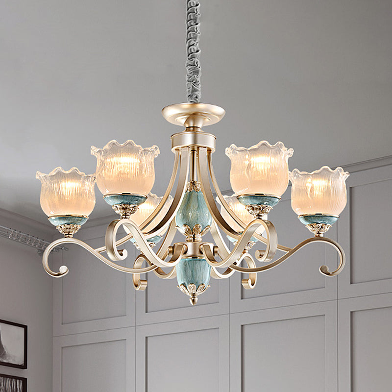 Traditional Floral Ceiling Chandelier 3/5/6 Lights Frosted Glass Pendant Lighting Fixture in Gold Clearhalo 'Ceiling Lights' 'Chandeliers' Lighting' options 817233