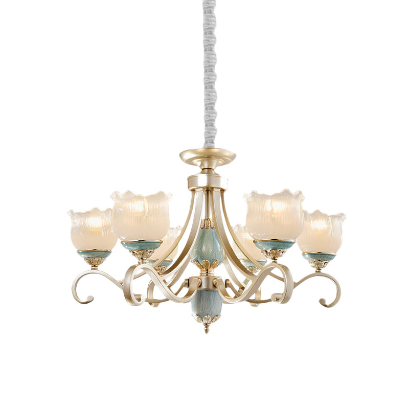 Traditional Floral Ceiling Chandelier 3/5/6 Lights Frosted Glass Pendant Lighting Fixture in Gold Clearhalo 'Ceiling Lights' 'Chandeliers' Lighting' options 817235