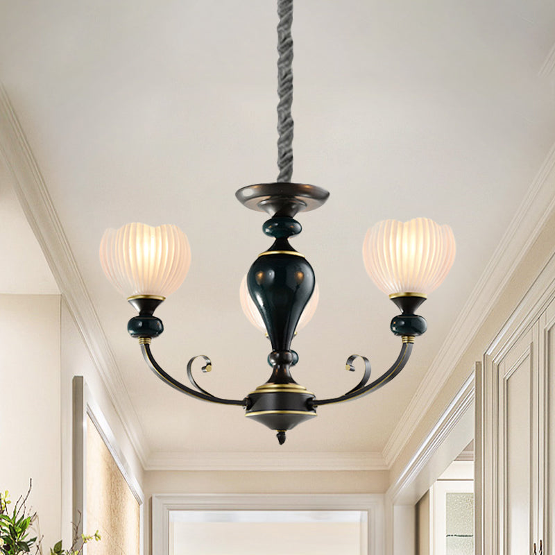 Dome Ribbed Glass Chandelier Traditionalist 3/5 Bulbs Dining Room Down Lighting Pendant in Black Clearhalo 'Ceiling Lights' 'Chandeliers' Lighting' options 817242