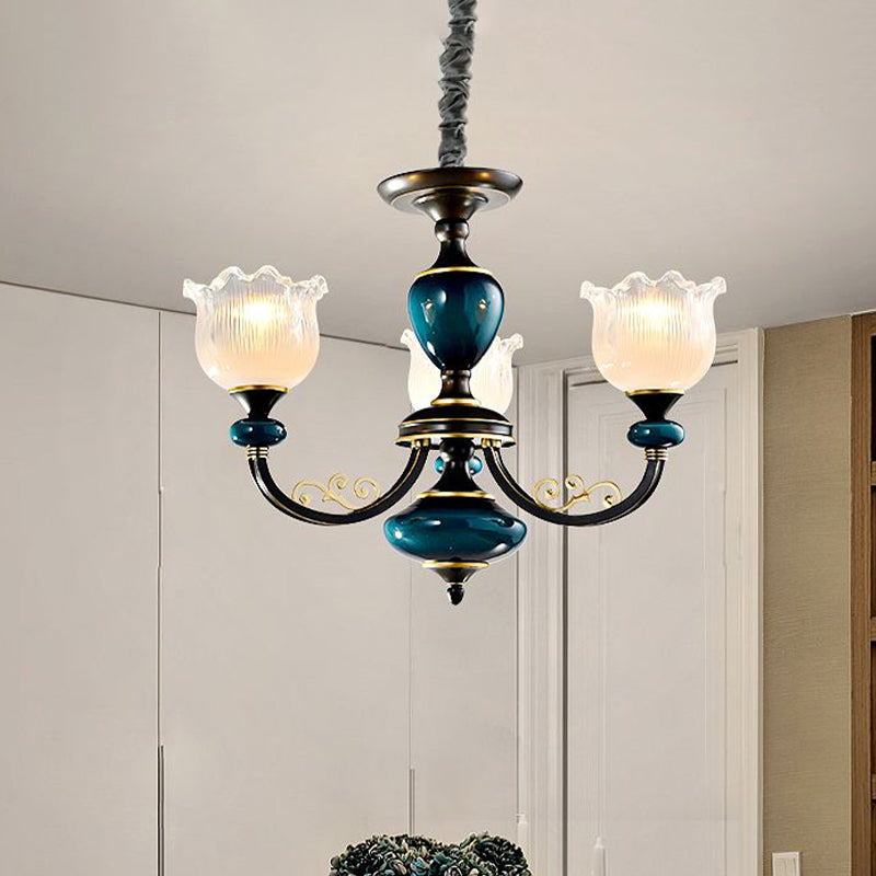 Blossom Living Room Pendulum Light Classic Clear Ribbed Glass 3/6 Lights Black and Blue Chandelier 3 Black-Blue Clearhalo 'Ceiling Lights' 'Chandeliers' Lighting' options 817251_09517640-de3b-45c6-b6ca-f985f635b1f1