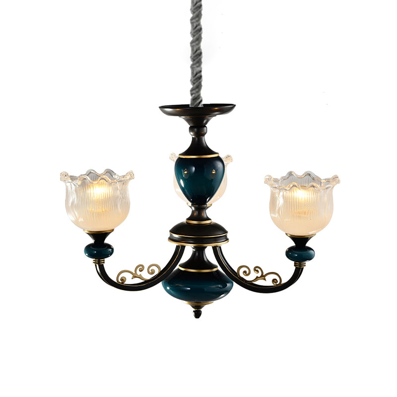 Blossom Living Room Pendulum Light Classic Clear Ribbed Glass 3/6 Lights Black and Blue Chandelier Clearhalo 'Ceiling Lights' 'Chandeliers' Lighting' options 817252