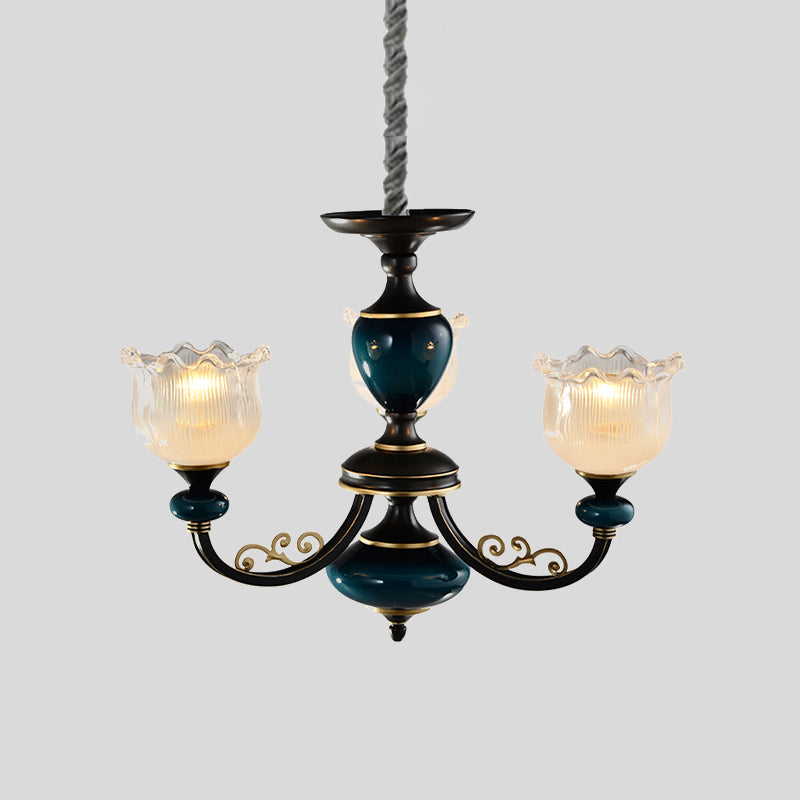 Blossom Living Room Pendulum Light Classic Clear Ribbed Glass 3/6 Lights Black and Blue Chandelier Clearhalo 'Ceiling Lights' 'Chandeliers' Lighting' options 817253