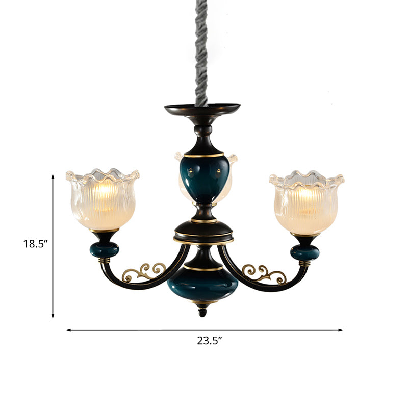 Blossom Living Room Pendulum Light Classic Clear Ribbed Glass 3/6 Lights Black and Blue Chandelier Clearhalo 'Ceiling Lights' 'Chandeliers' Lighting' options 817254