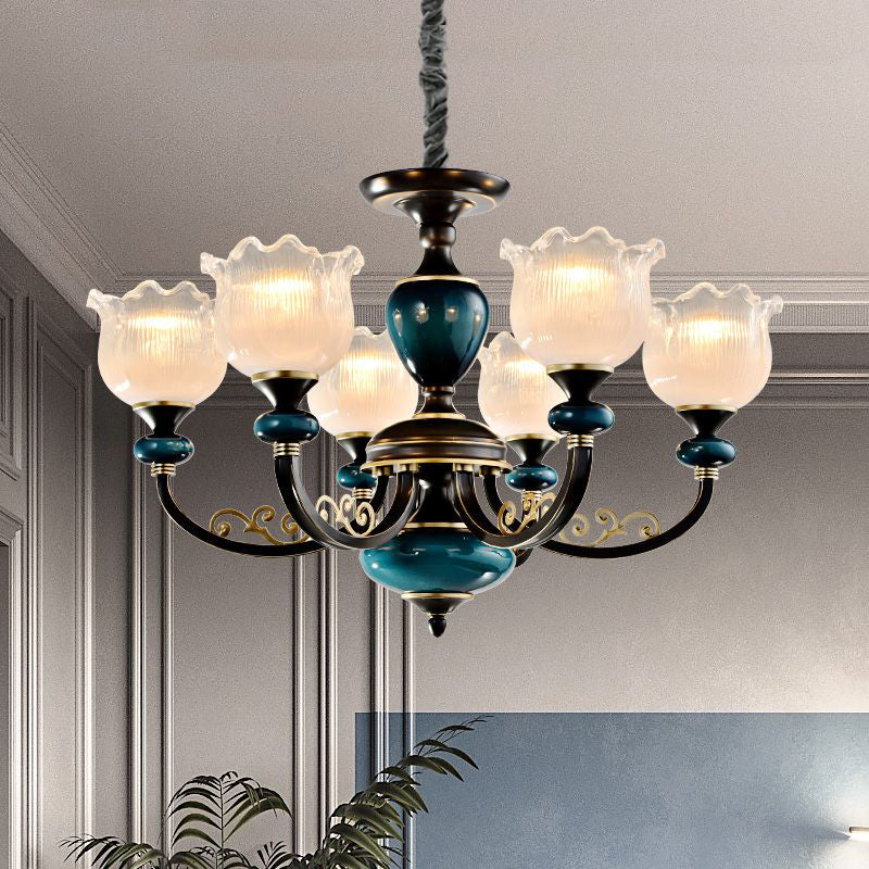 Blossom Living Room Pendulum Light Classic Clear Ribbed Glass 3/6 Lights Black and Blue Chandelier Clearhalo 'Ceiling Lights' 'Chandeliers' Lighting' options 817255