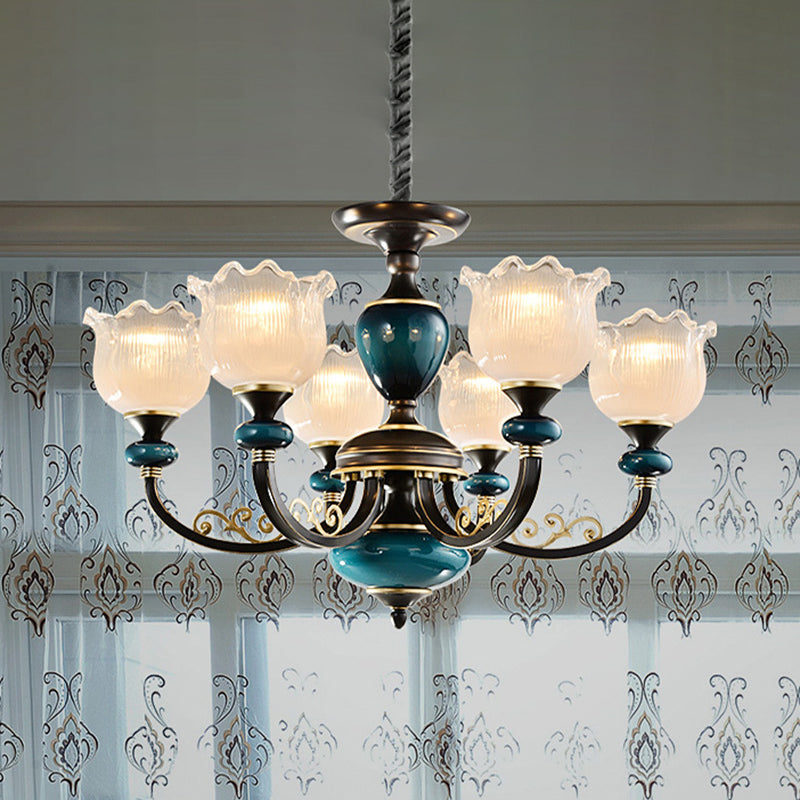 Blossom Living Room Pendulum Light Classic Clear Ribbed Glass 3/6 Lights Black and Blue Chandelier Clearhalo 'Ceiling Lights' 'Chandeliers' Lighting' options 817256