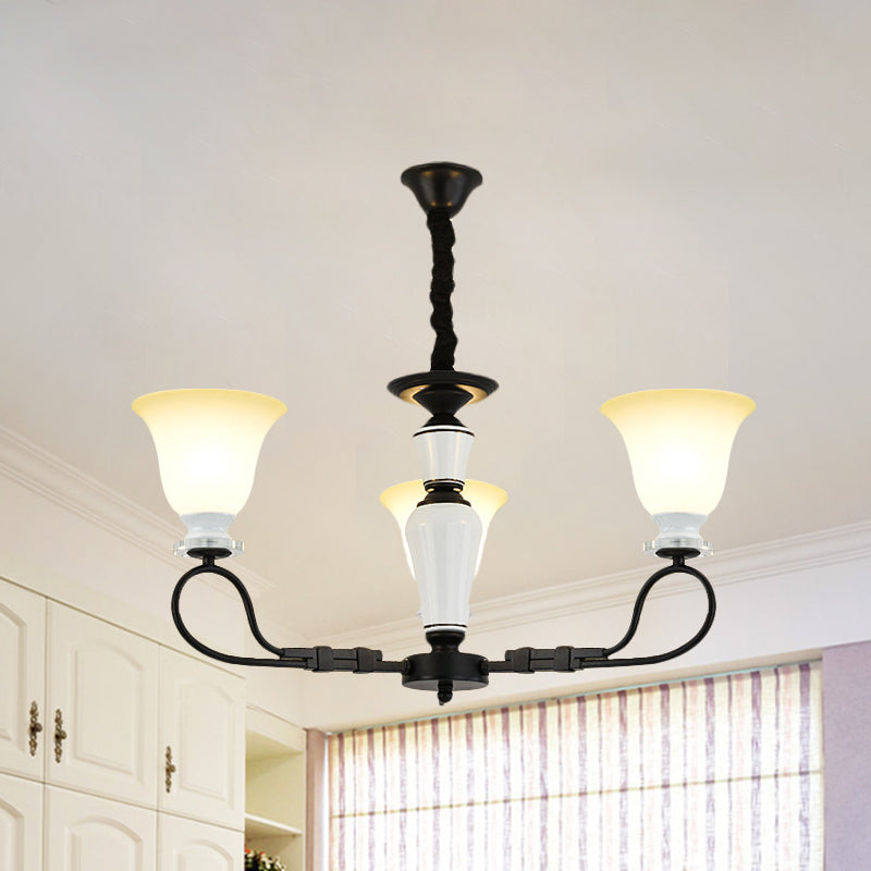 3/6 Heads Pendant Chandelier Retro Bedroom Hanging Light with Flared Frosted Glass Shade in Black Clearhalo 'Ceiling Lights' 'Chandeliers' Lighting' options 817261