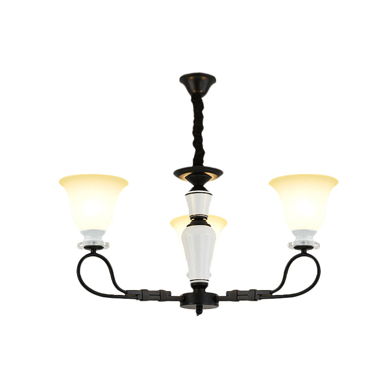 3/6 Heads Pendant Chandelier Retro Bedroom Hanging Light with Flared Frosted Glass Shade in Black Clearhalo 'Ceiling Lights' 'Chandeliers' Lighting' options 817262