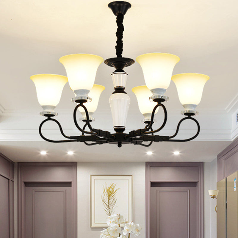 3/6 Heads Pendant Chandelier Retro Bedroom Hanging Light with Flared Frosted Glass Shade in Black Clearhalo 'Ceiling Lights' 'Chandeliers' Lighting' options 817264