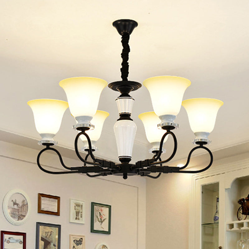 3/6 Heads Pendant Chandelier Retro Bedroom Hanging Light with Flared Frosted Glass Shade in Black Clearhalo 'Ceiling Lights' 'Chandeliers' Lighting' options 817265