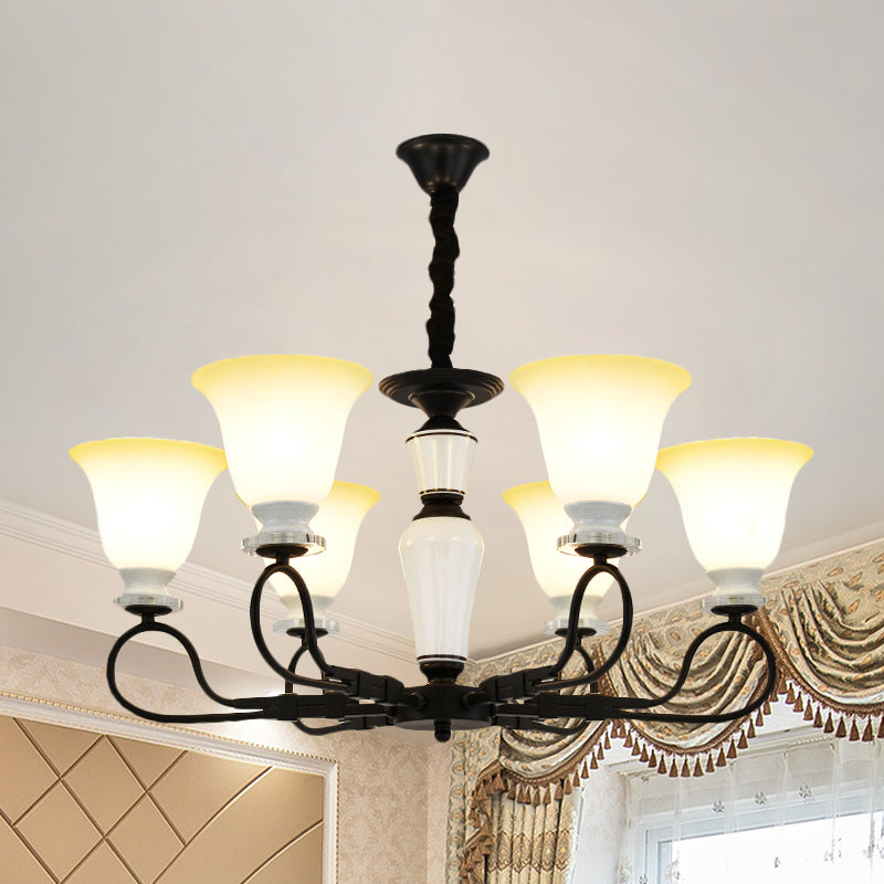 3/6 Heads Pendant Chandelier Retro Bedroom Hanging Light with Flared Frosted Glass Shade in Black Clearhalo 'Ceiling Lights' 'Chandeliers' Lighting' options 817266