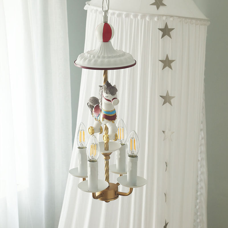 Kids Style Candle Chandelier Metal 4-Light Bedroom Hanging Lamp with Horse Top in White Clearhalo 'Ceiling Lights' 'Chandeliers' Lighting' options 817269