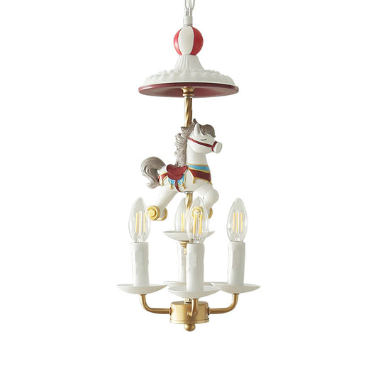 Kids Style Candle Chandelier Metal 4-Light Bedroom Hanging Lamp with Horse Top in White Clearhalo 'Ceiling Lights' 'Chandeliers' Lighting' options 817270