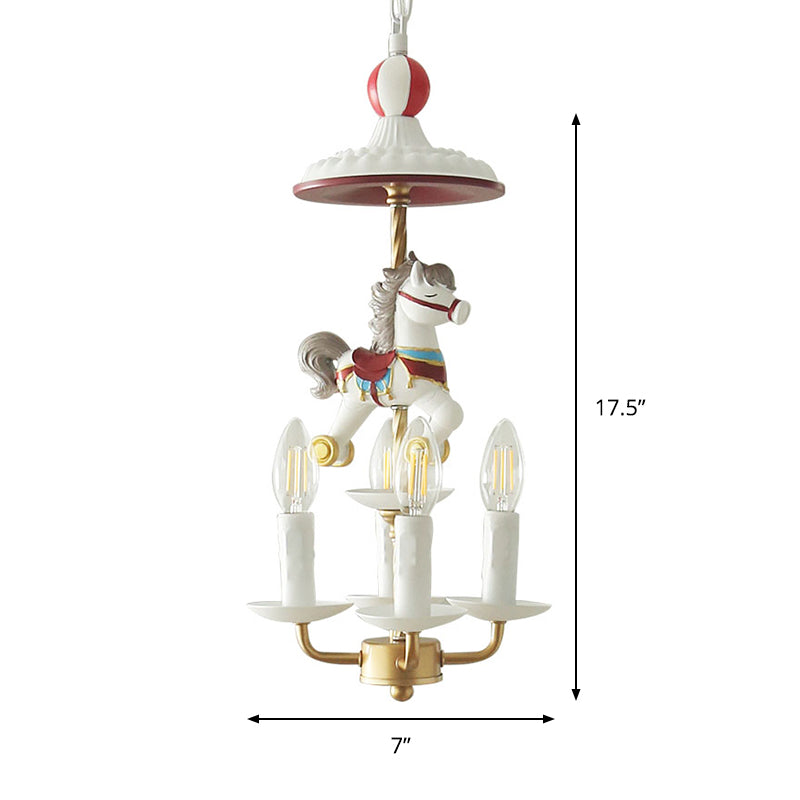 Kids Style Candle Chandelier Metal 4-Light Bedroom Hanging Lamp with Horse Top in White Clearhalo 'Ceiling Lights' 'Chandeliers' Lighting' options 817272