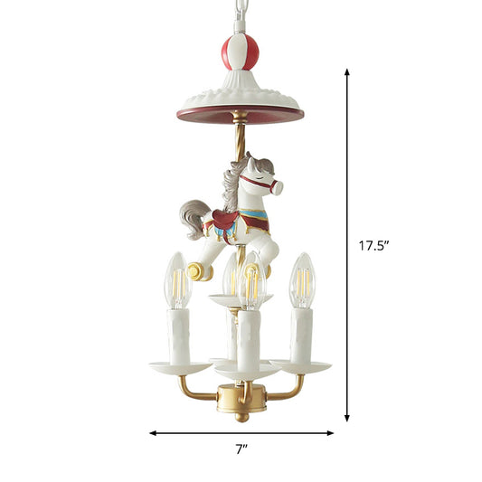 Kids Style Candle Chandelier Metal 4-Light Bedroom Hanging Lamp with Horse Top in White Clearhalo 'Ceiling Lights' 'Chandeliers' Lighting' options 817272