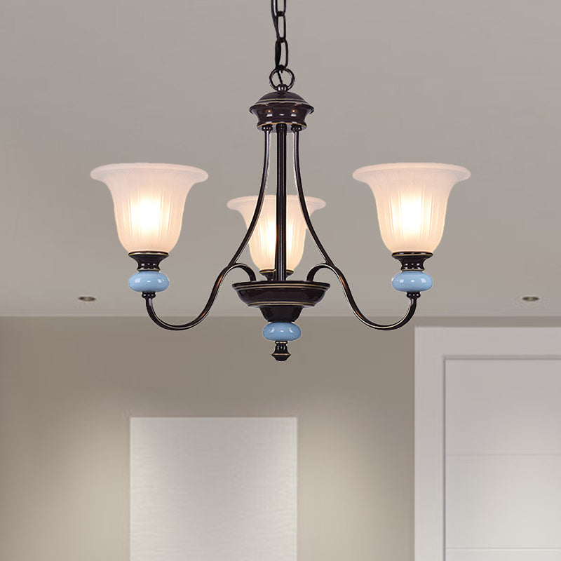 3/6-Head Chandelier Lighting Traditional Living Room Suspension Lamp with Wide Flare White Glass Shade in Black Clearhalo 'Ceiling Lights' 'Chandeliers' Lighting' options 817302