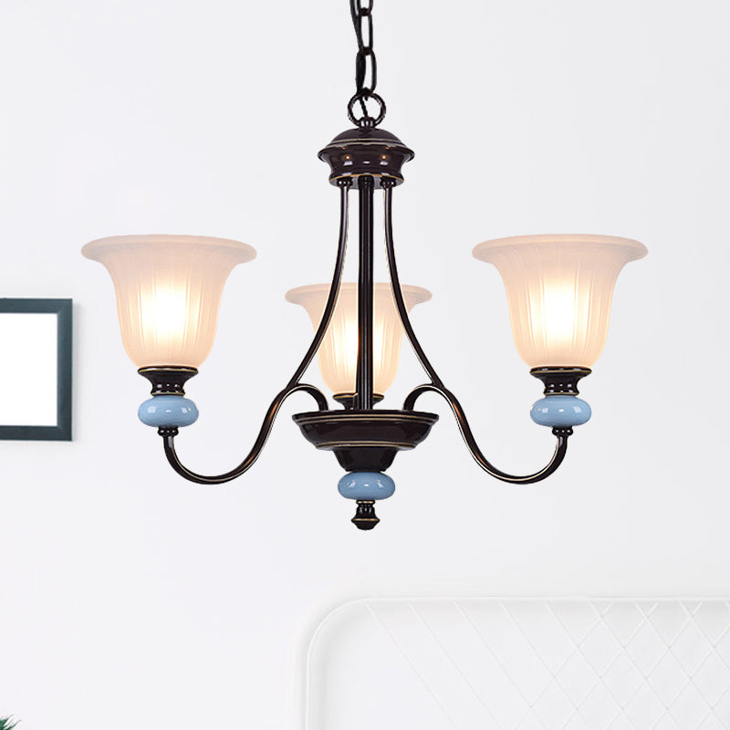 3/6-Head Chandelier Lighting Traditional Living Room Suspension Lamp with Wide Flare White Glass Shade in Black Clearhalo 'Ceiling Lights' 'Chandeliers' Lighting' options 817303