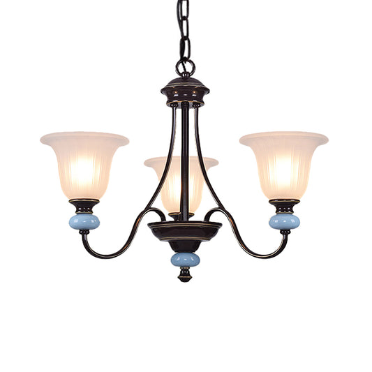 3/6-Head Chandelier Lighting Traditional Living Room Suspension Lamp with Wide Flare White Glass Shade in Black Clearhalo 'Ceiling Lights' 'Chandeliers' Lighting' options 817304