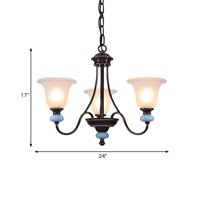 3/6-Head Chandelier Lighting Traditional Living Room Suspension Lamp with Wide Flare White Glass Shade in Black Clearhalo 'Ceiling Lights' 'Chandeliers' Lighting' options 817305