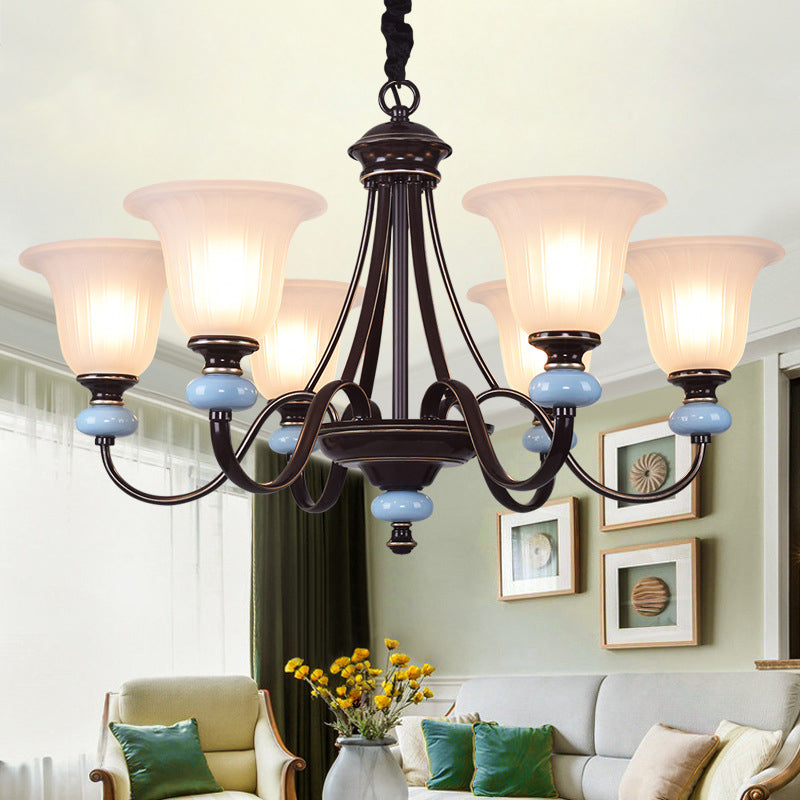 3/6-Head Chandelier Lighting Traditional Living Room Suspension Lamp with Wide Flare White Glass Shade in Black 6 White Clearhalo 'Ceiling Lights' 'Chandeliers' Lighting' options 817306_5b10bbfa-5716-4aff-bf76-871a0135c20d