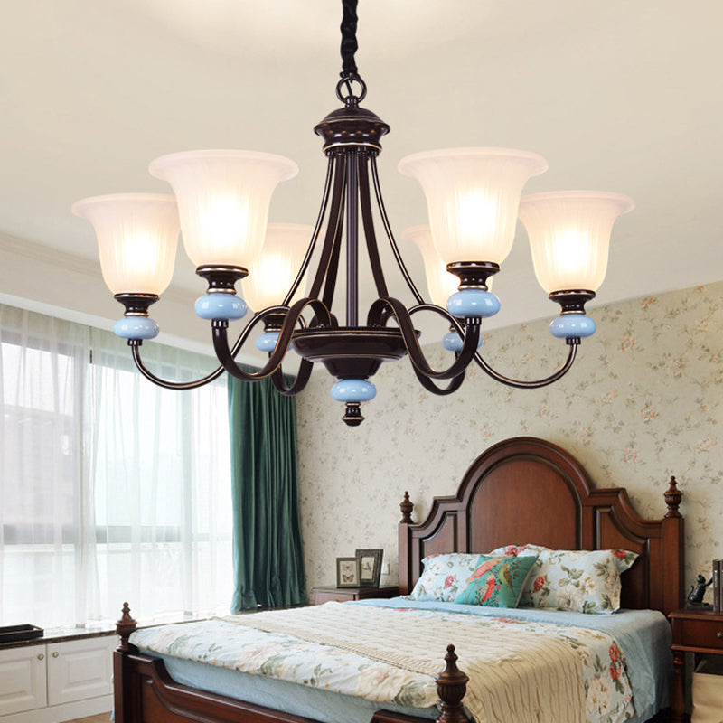 3/6-Head Chandelier Lighting Traditional Living Room Suspension Lamp with Wide Flare White Glass Shade in Black Clearhalo 'Ceiling Lights' 'Chandeliers' Lighting' options 817307