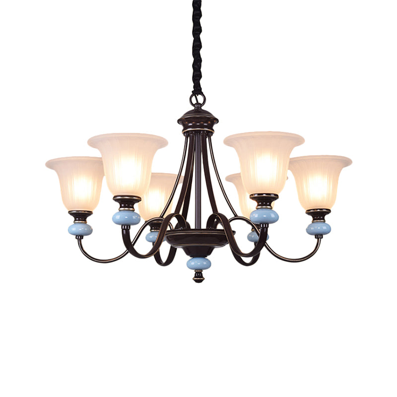 3/6-Head Chandelier Lighting Traditional Living Room Suspension Lamp with Wide Flare White Glass Shade in Black Clearhalo 'Ceiling Lights' 'Chandeliers' Lighting' options 817308