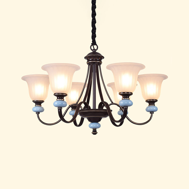 3/6-Head Chandelier Lighting Traditional Living Room Suspension Lamp with Wide Flare White Glass Shade in Black Clearhalo 'Ceiling Lights' 'Chandeliers' Lighting' options 817309