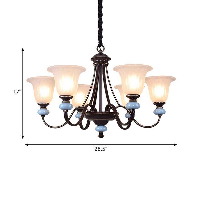 3/6-Head Chandelier Lighting Traditional Living Room Suspension Lamp with Wide Flare White Glass Shade in Black Clearhalo 'Ceiling Lights' 'Chandeliers' Lighting' options 817310